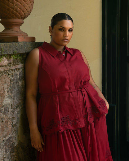 Universal Standard Adelaide Embroidered Sleeveless Linen Blend Shirt - Vibrant Red