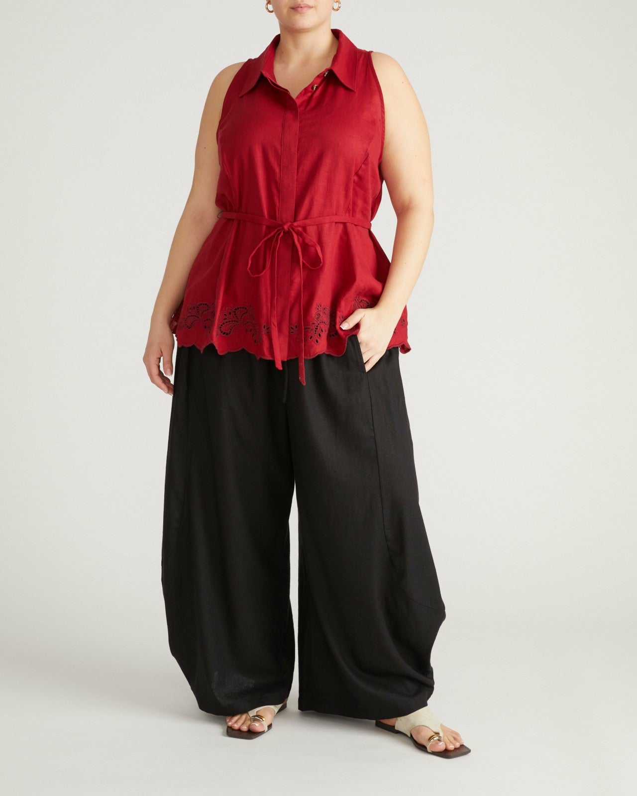 Universal Standard Adelaide Embroidered Sleeveless Linen Blend Shirt - Vibrant Red
