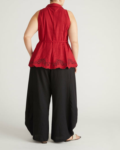 Universal Standard Adelaide Embroidered Sleeveless Linen Blend Shirt - Vibrant Red