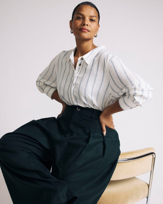 Universal Standard Elbe Popover Stretch Linen Blend Shirt - Mayfair Stripe