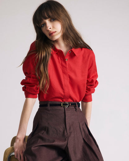 Universal Standard Elbe Popover Stretch Linen Blend Shirt - Brilliant Red