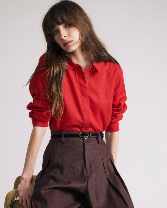 Universal Standard Elbe Popover Stretch Linen Blend Shirt - Brilliant Red