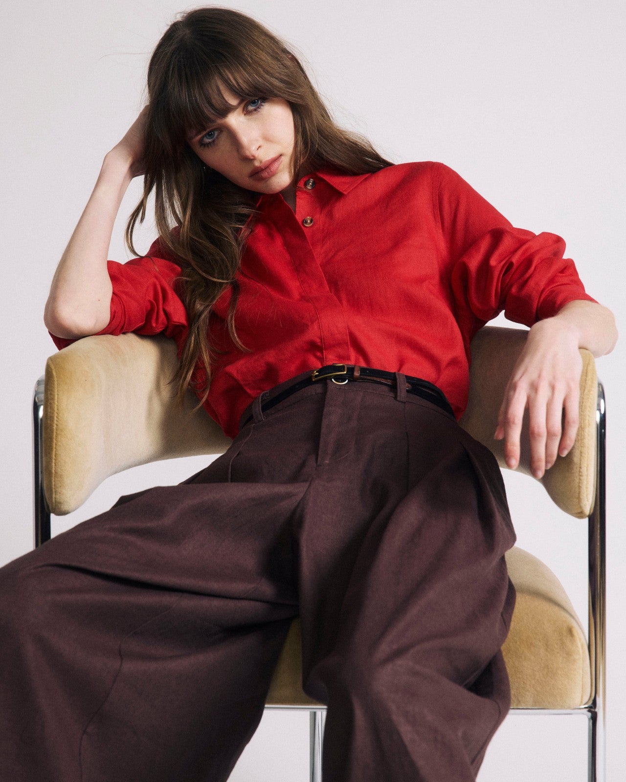 Universal Standard Elbe Popover Stretch Linen Blend Shirt - Brilliant Red