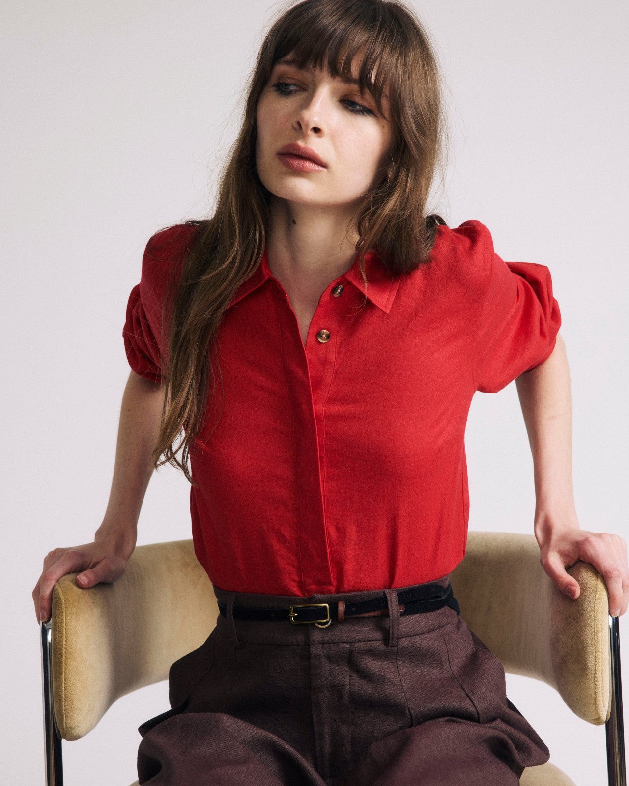 Universal Standard Elbe Popover Stretch Linen Blend Shirt - Brilliant Red