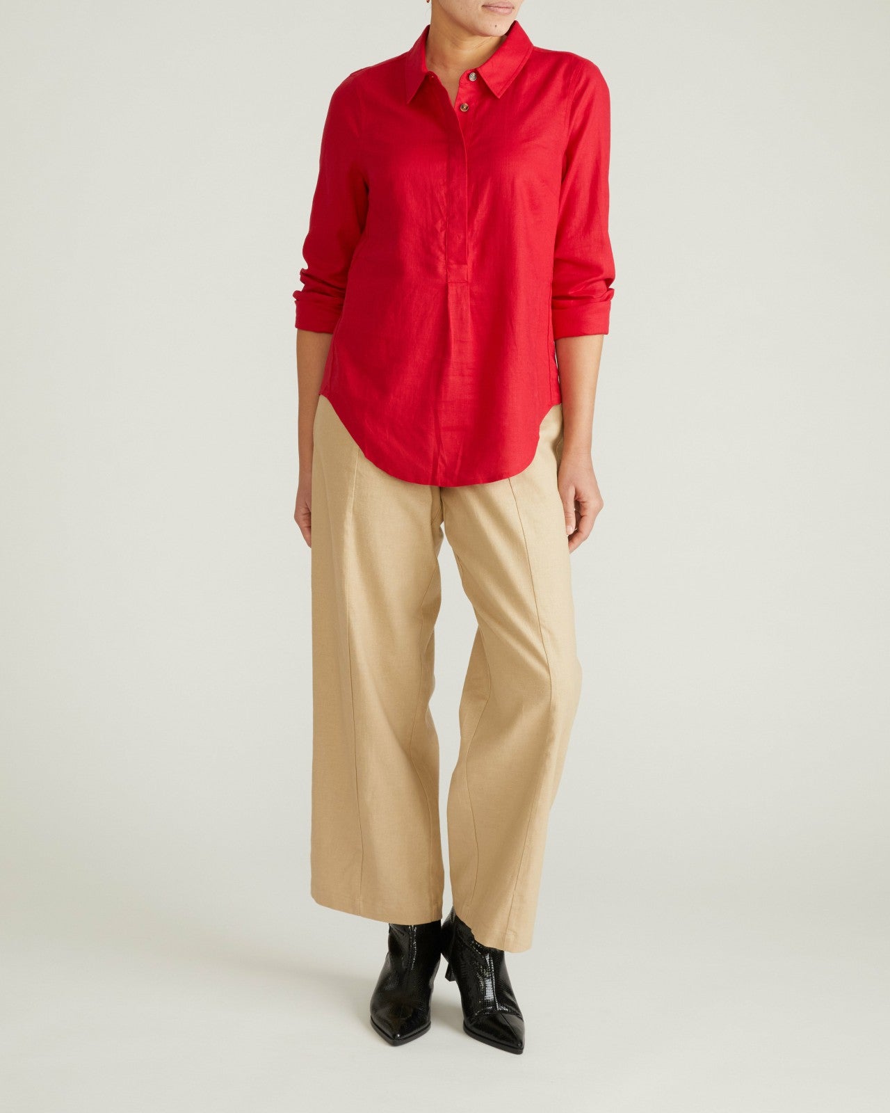 Universal Standard Elbe Popover Stretch Linen Blend Shirt - Brilliant Red