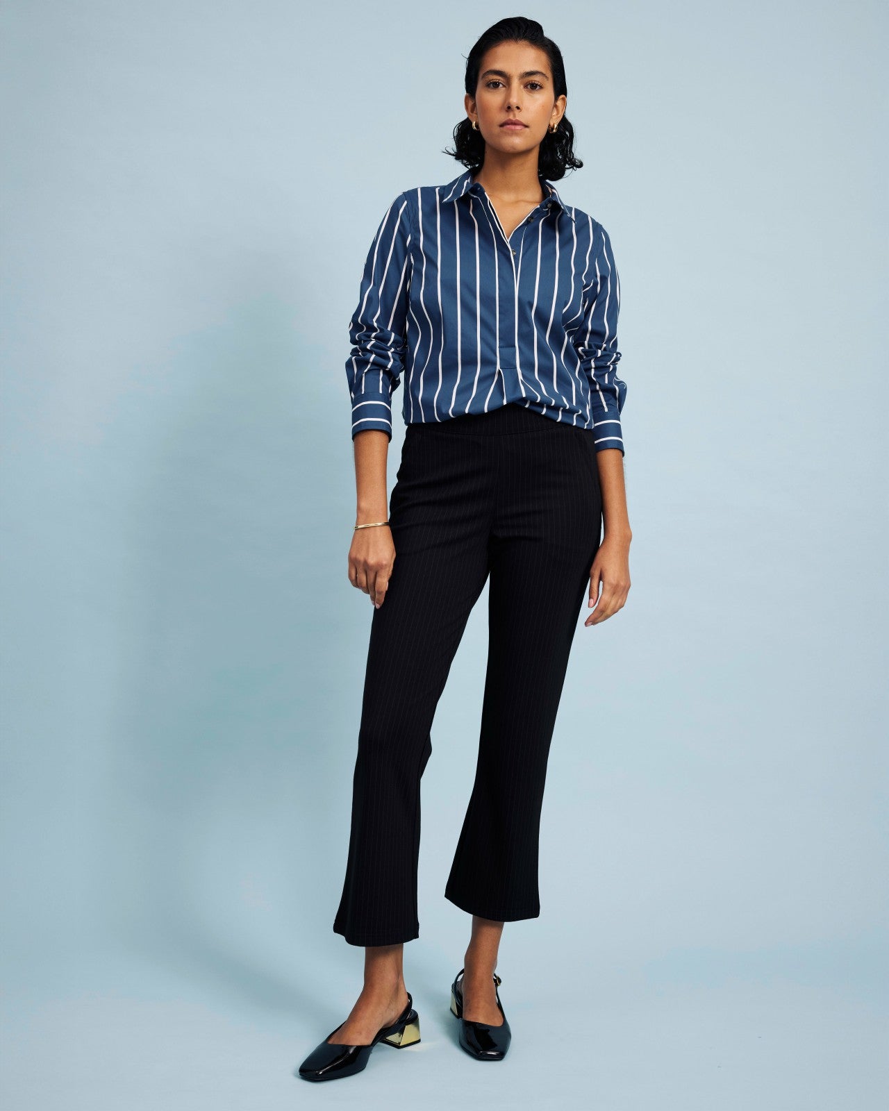 Universal Standard Amaya Ponte Kick Flare Pants - Slate Pinstripe