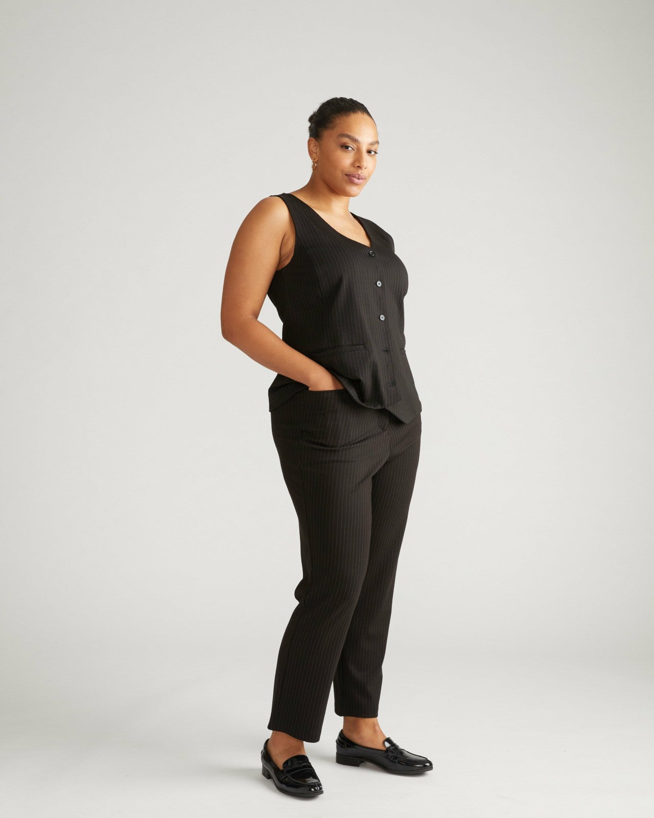 Universal Standard Long Cigarette Ponte Pants - Slate Pinstripe