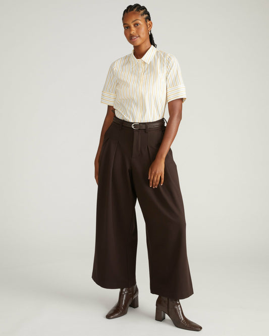 Universal Standard Elbe Stretch Poplin Short Sleeve Shirt - Yellow Multi Stripe