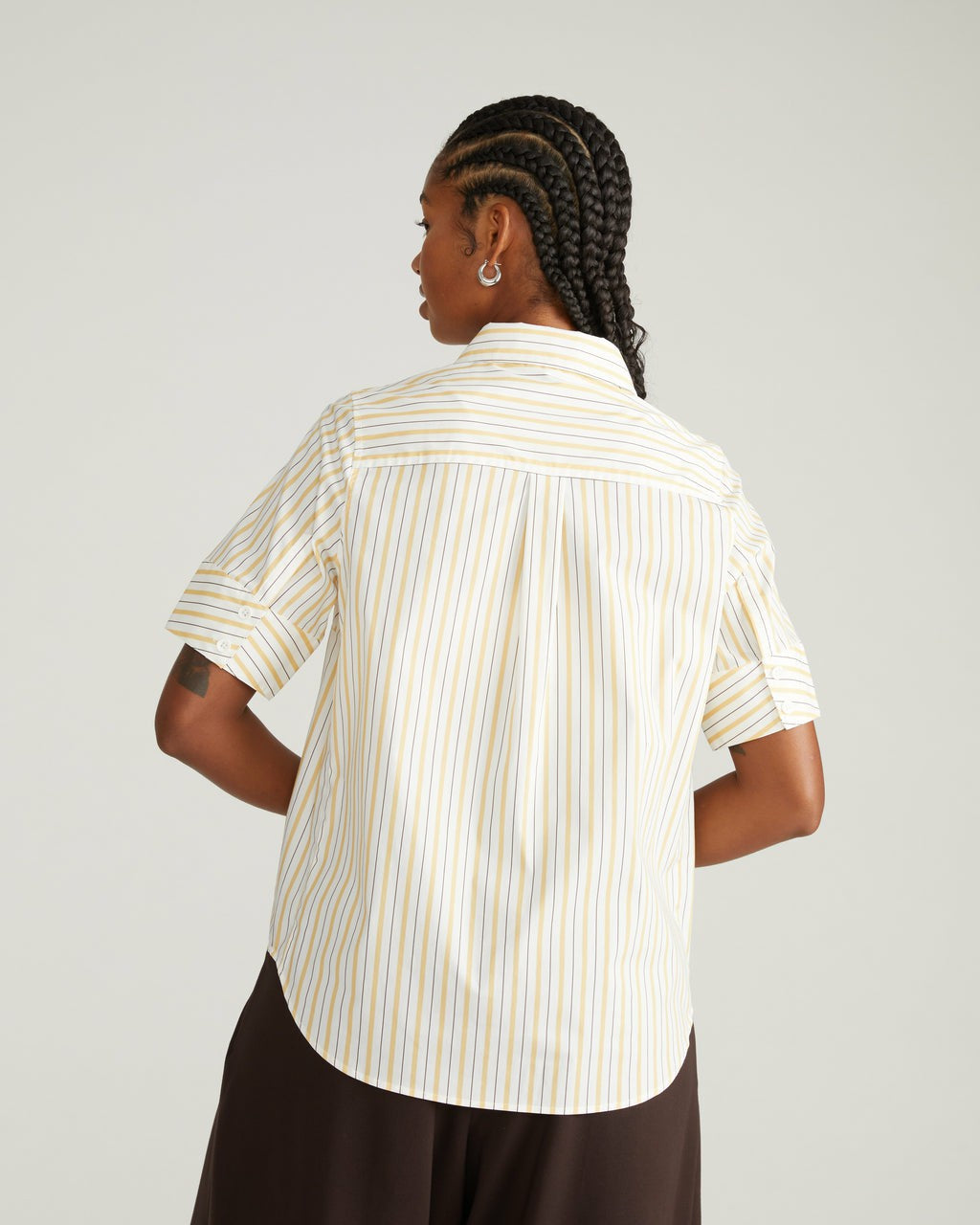 Universal Standard Elbe Stretch Poplin Short Sleeve Shirt - Yellow Multi Stripe