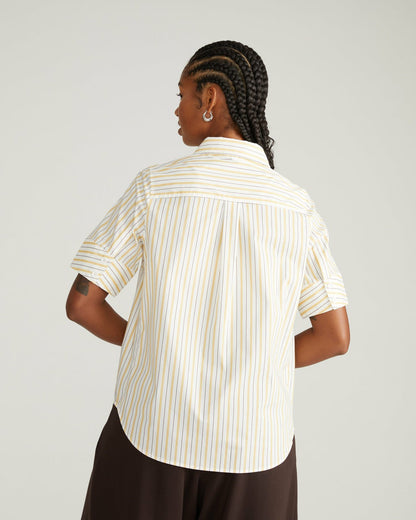 Universal Standard Elbe Stretch Poplin Short Sleeve Shirt - Yellow Multi Stripe