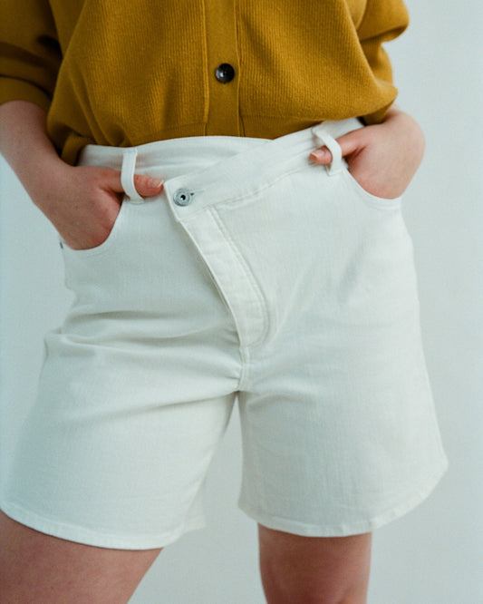 Universal Standard Katie High Rise Crossover Denim Shorts - White