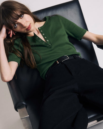 Universal Standard Henley Short Sleeve Ribbed Tee - Green Park