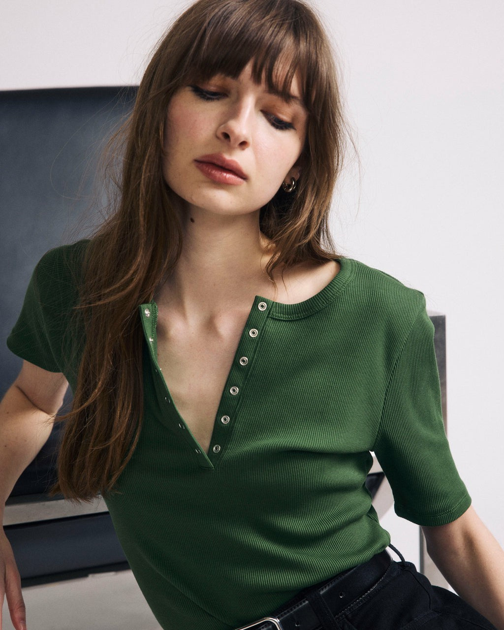 Universal Standard Henley Short Sleeve Ribbed Tee - Green Park