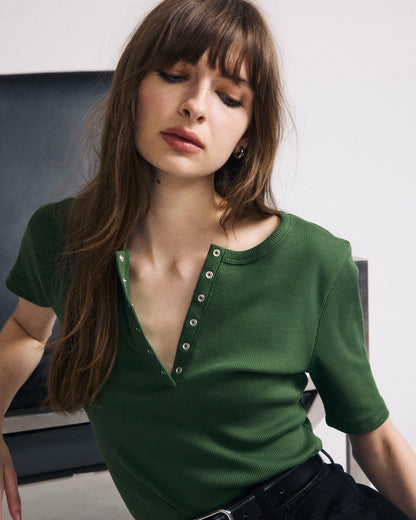Universal Standard Henley Short Sleeve Ribbed Tee - Green Park