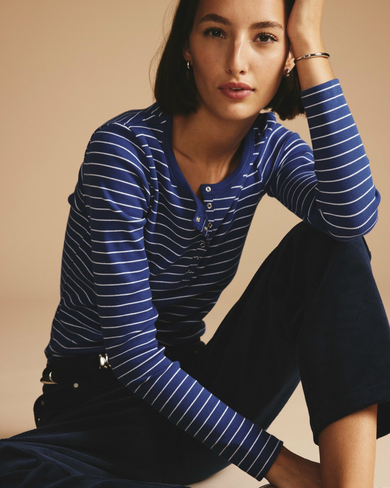 Universal Standard Henley Long Sleeve Ribbed Tee - Bright Blue/White Microstripe