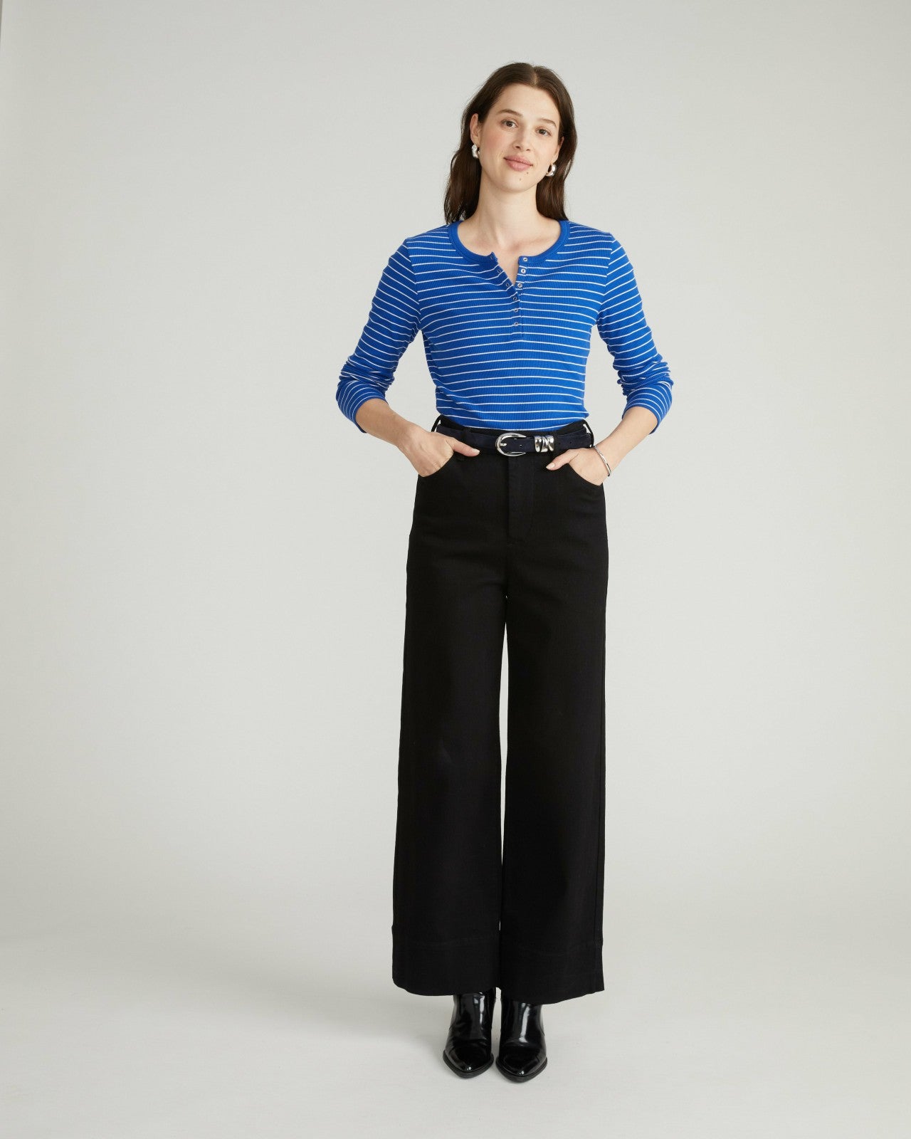 Universal Standard Henley Long Sleeve Ribbed Tee - Bright Blue/White Microstripe