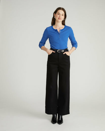 Universal Standard Henley Long Sleeve Ribbed Tee - Bright Blue/White Microstripe