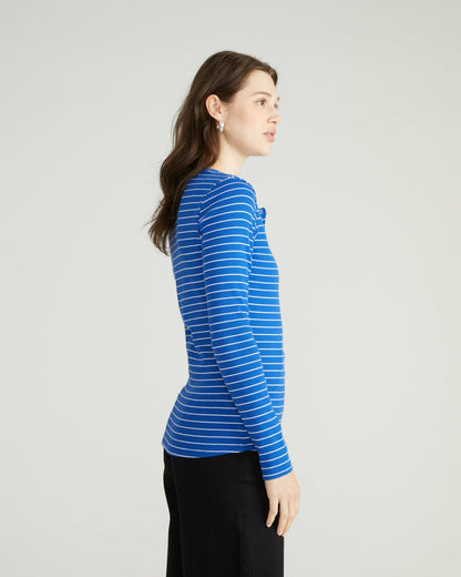 Universal Standard Henley Long Sleeve Ribbed Tee - Bright Blue/White Microstripe