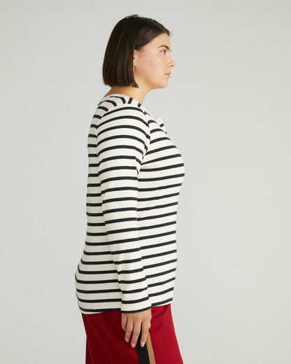 Universal Standard Henley Long Sleeve Ribbed Tee - Ecru/Black Stripe