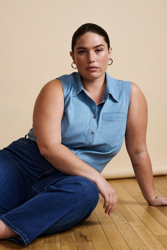 Universal Standard Perfect Tencel Chambray Sleeveless Shirt - Morning Blue