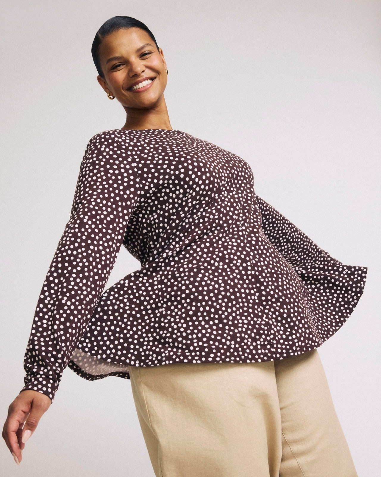 Universal Standard Cassandra Divine Jersey Top - Brown/White Dot Print