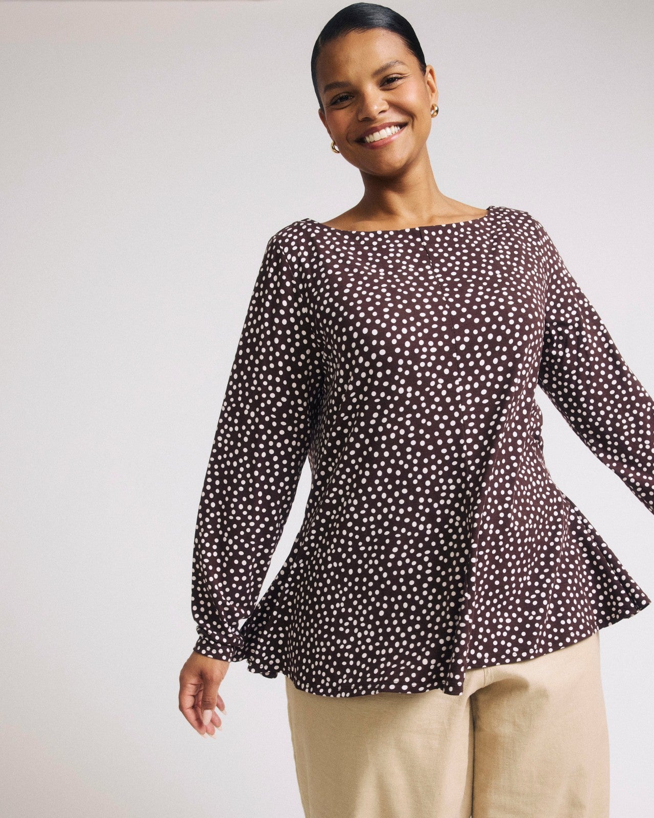 Universal Standard Cassandra Divine Jersey Top - Brown/White Dot Print