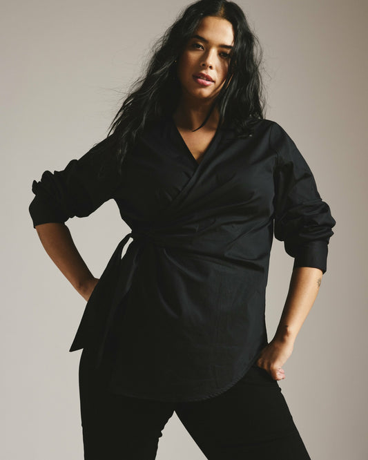 Universal Standard Beacon Stretch Poplin Wrap Shirt - Black