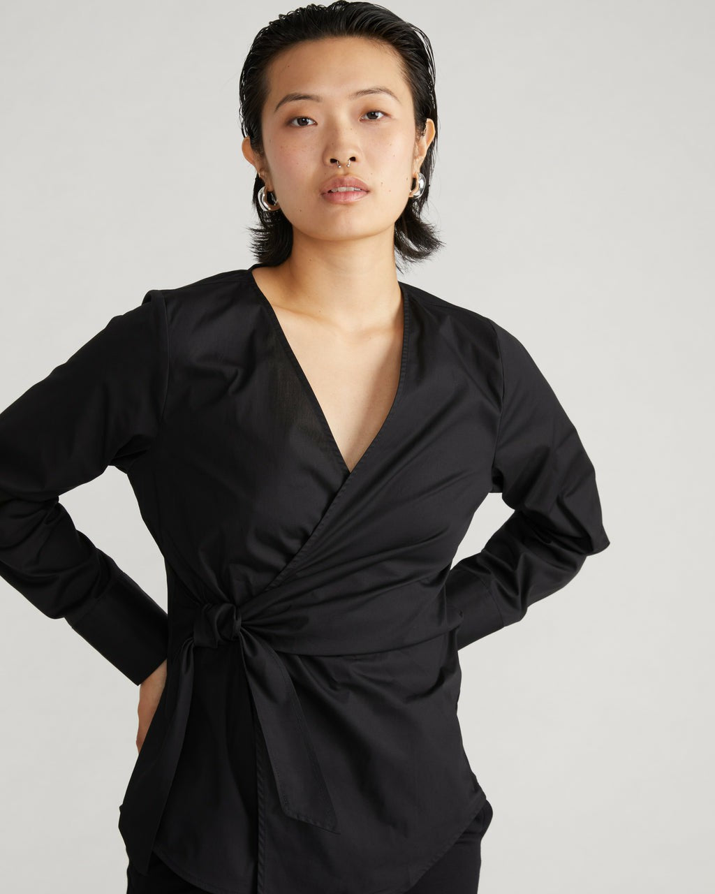 Universal Standard Beacon Stretch Poplin Wrap Shirt - Black
