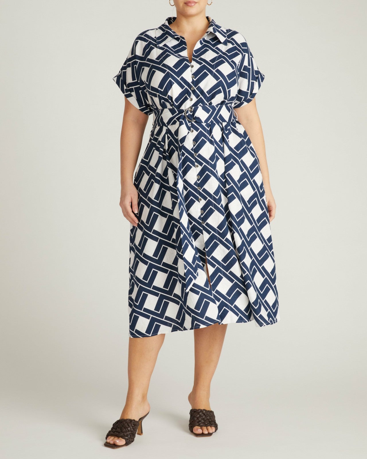 Universal Standard Sandy Stretch Linen Blend Shirtdress - Geometrica Print
