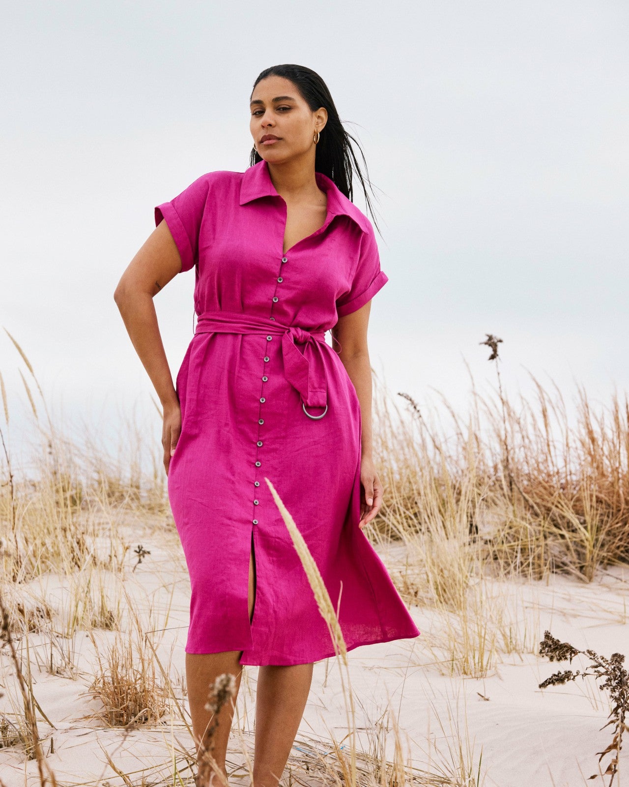Universal Standard Sandy Stretch Linen Blend Shirtdress - Hyper Pink