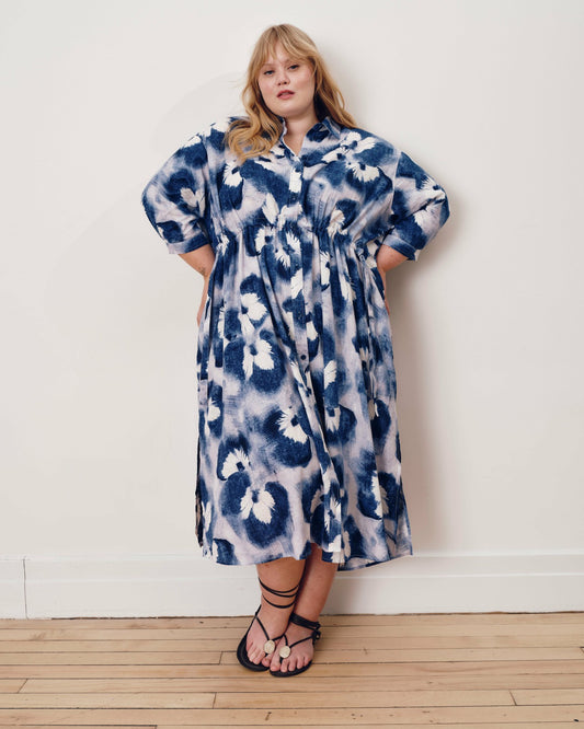 Universal Standard Paros Drawstring Linen Blend Shirtdress - Blue Pressed Flower Print