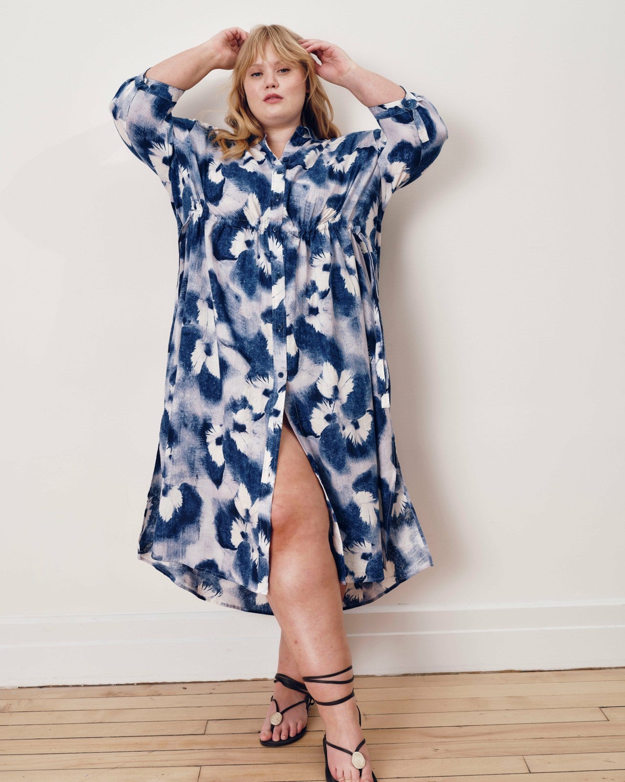 Universal Standard Paros Drawstring Linen Blend Shirtdress - Blue Pressed Flower Print