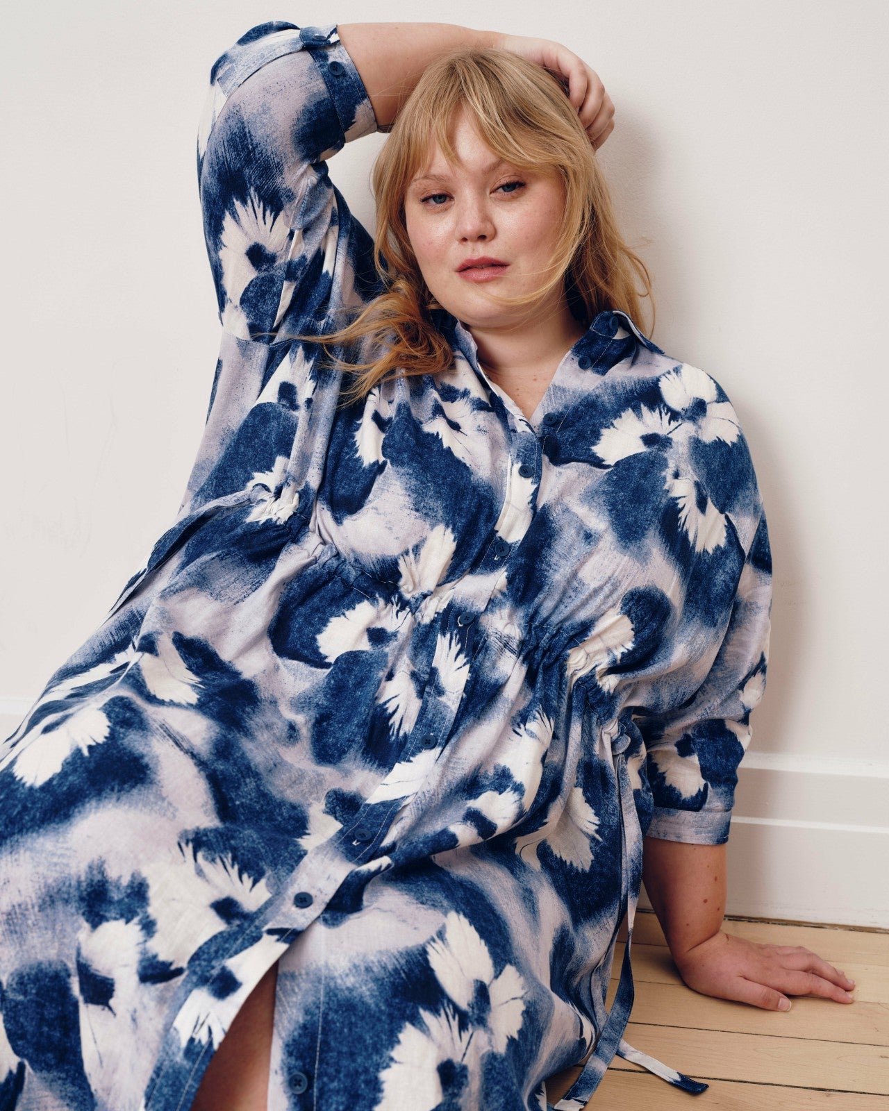 Universal Standard Paros Drawstring Linen Blend Shirtdress - Blue Pressed Flower Print