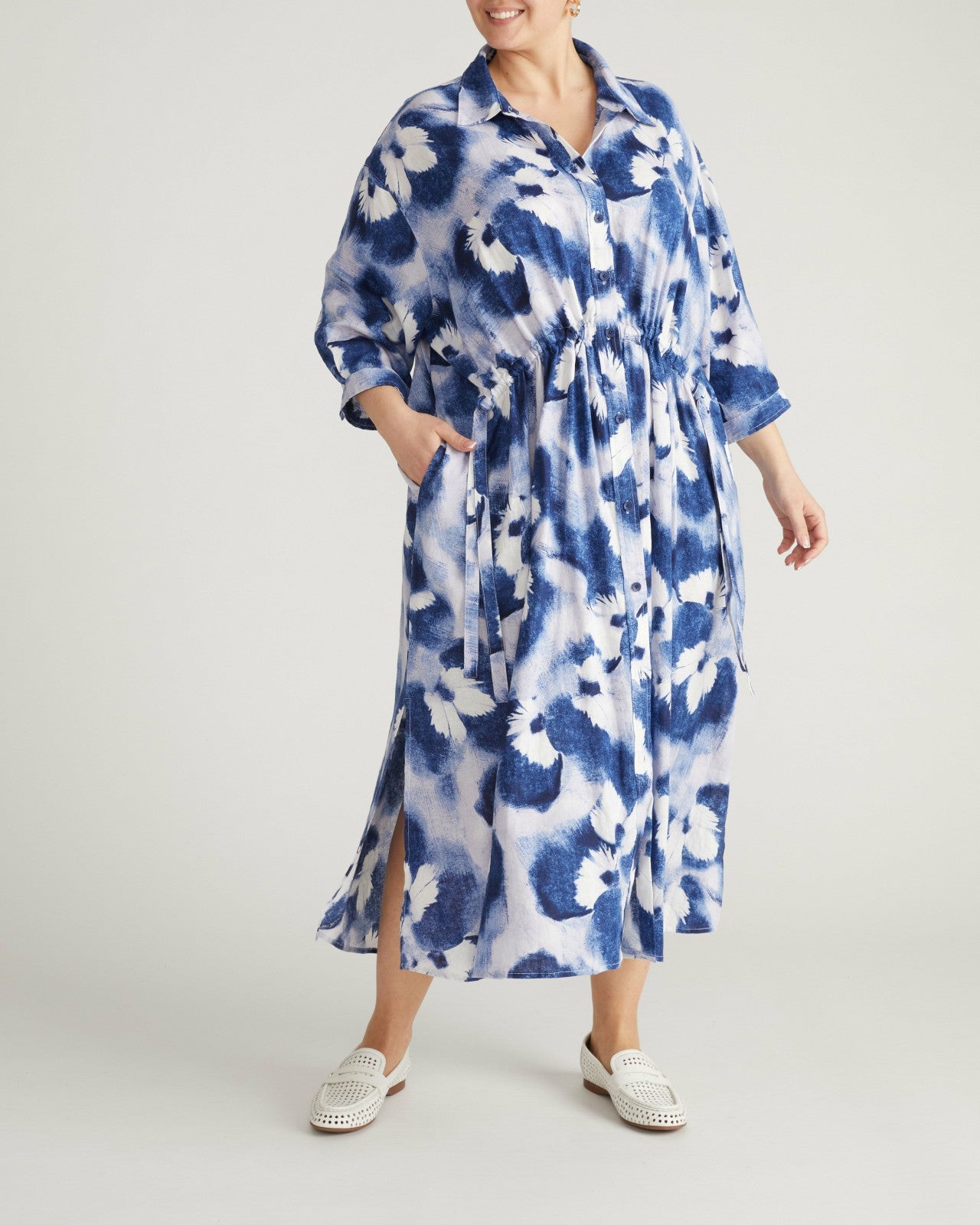 Universal Standard Paros Drawstring Linen Blend Shirtdress - Blue Pressed Flower Print