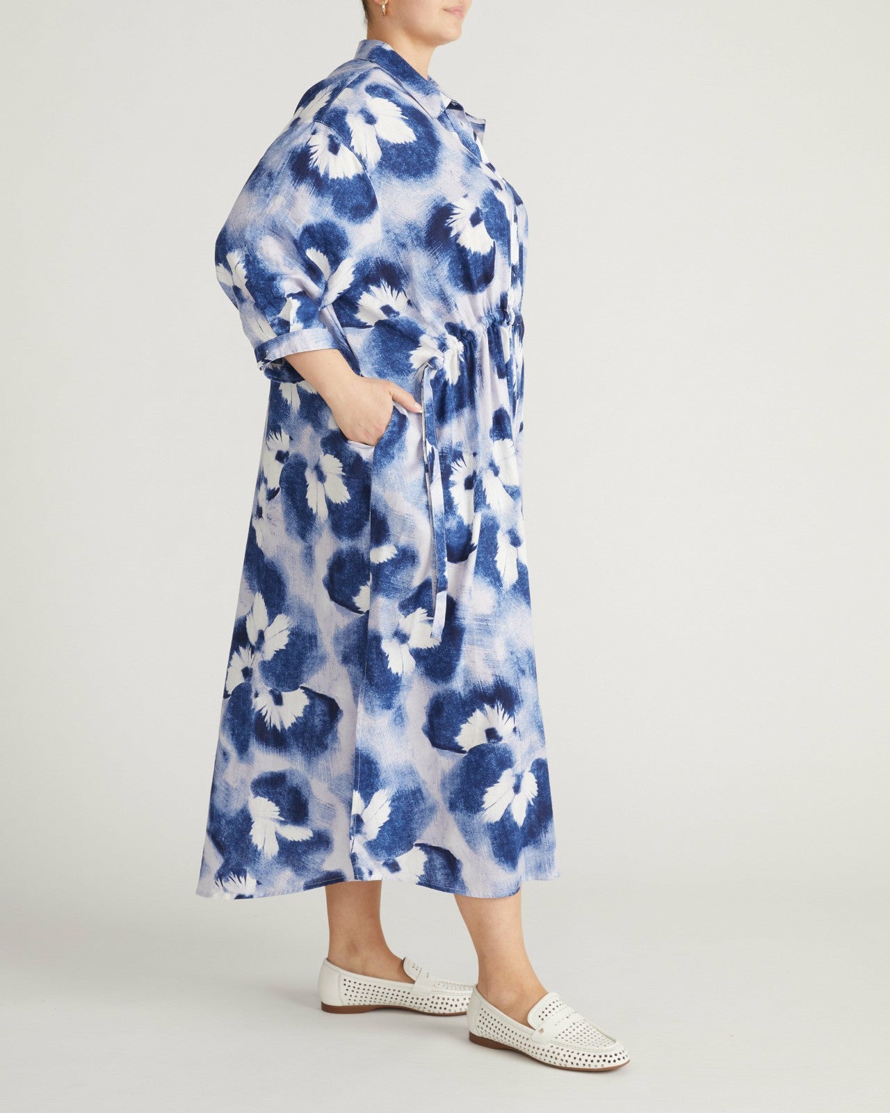 Universal Standard Paros Drawstring Linen Blend Shirtdress - Blue Pressed Flower Print