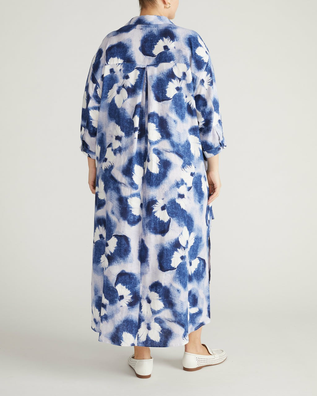 Universal Standard Paros Drawstring Linen Blend Shirtdress - Blue Pressed Flower Print