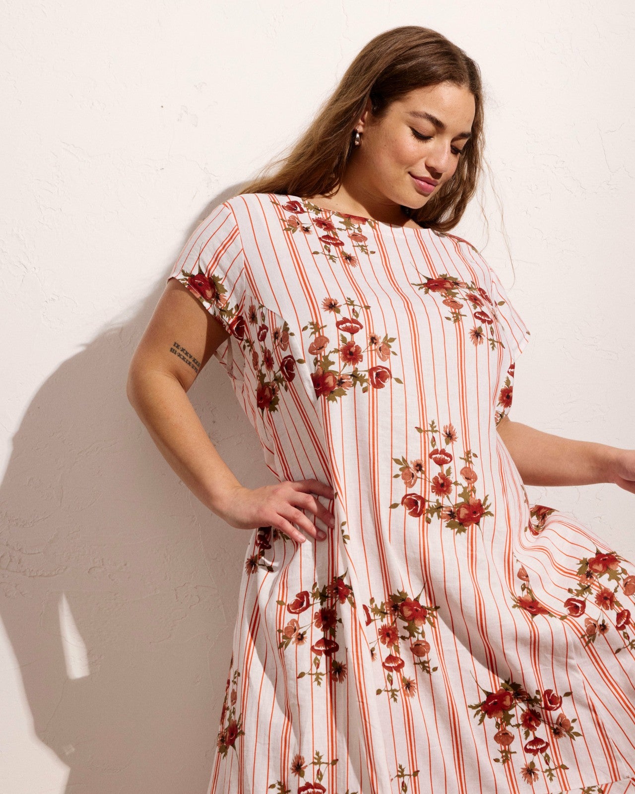 Universal Standard Sunset Linen Blend Flounce Dress - Wild Flower Bouquet Print on Stripe