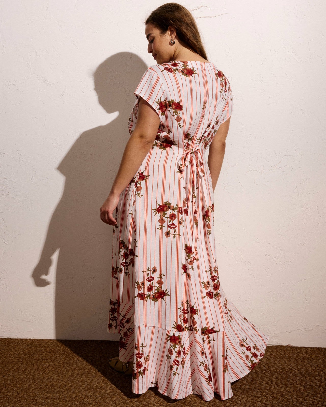 Universal Standard Sunset Linen Blend Flounce Dress - Wild Flower Bouquet Print on Stripe