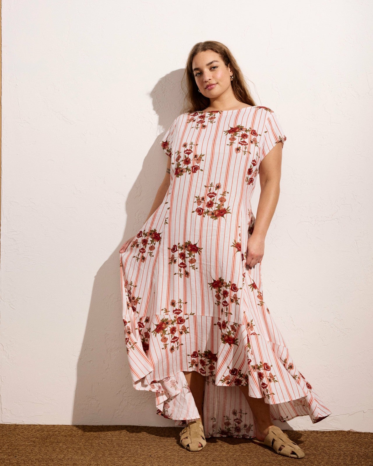 Universal Standard Sunset Linen Blend Flounce Dress - Wild Flower Bouquet Print on Stripe