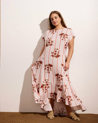 Universal Standard Sunset Linen Blend Flounce Dress - Wild Flower Bouquet Print on Stripe