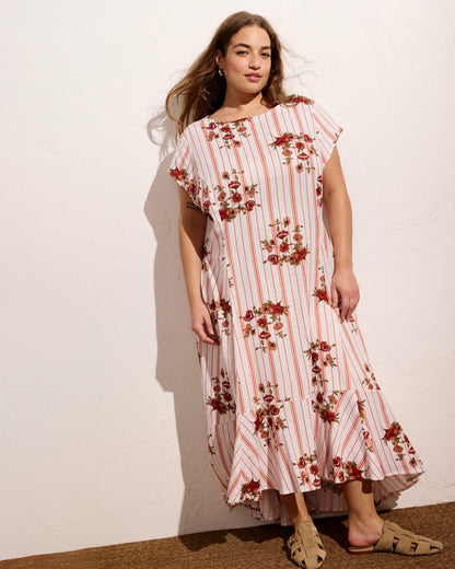 Universal Standard Sunset Linen Blend Flounce Dress - Wild Flower Bouquet Print on Stripe