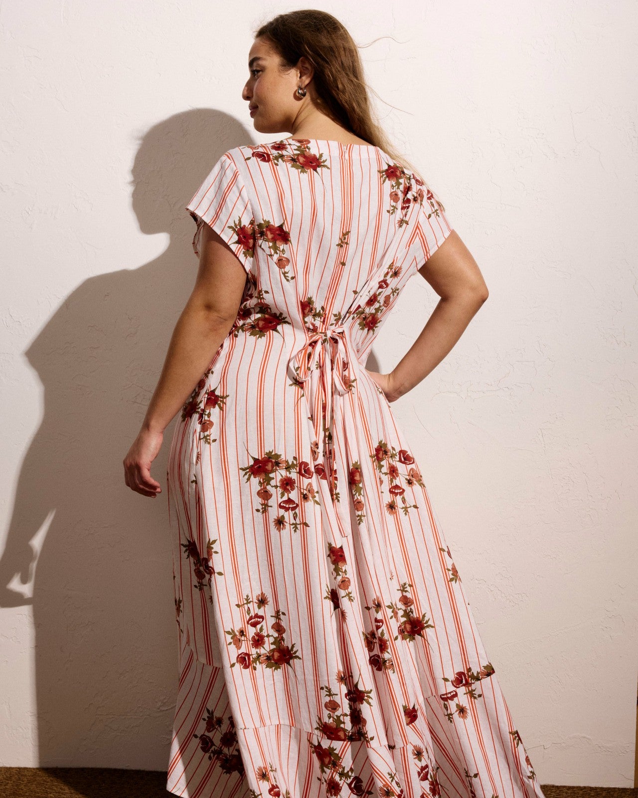 Universal Standard Sunset Linen Blend Flounce Dress - Wild Flower Bouquet Print on Stripe