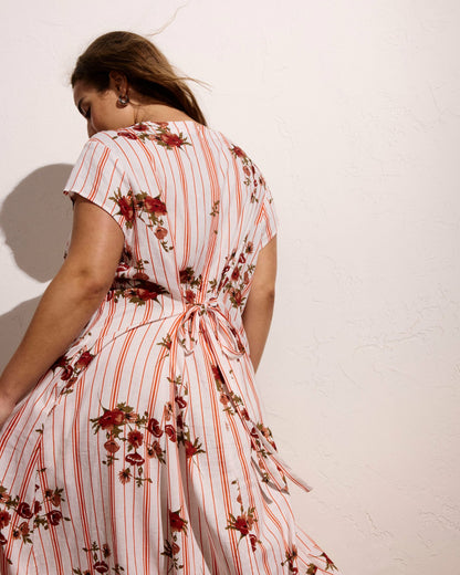 Universal Standard Sunset Linen Blend Flounce Dress - Wild Flower Bouquet Print on Stripe
