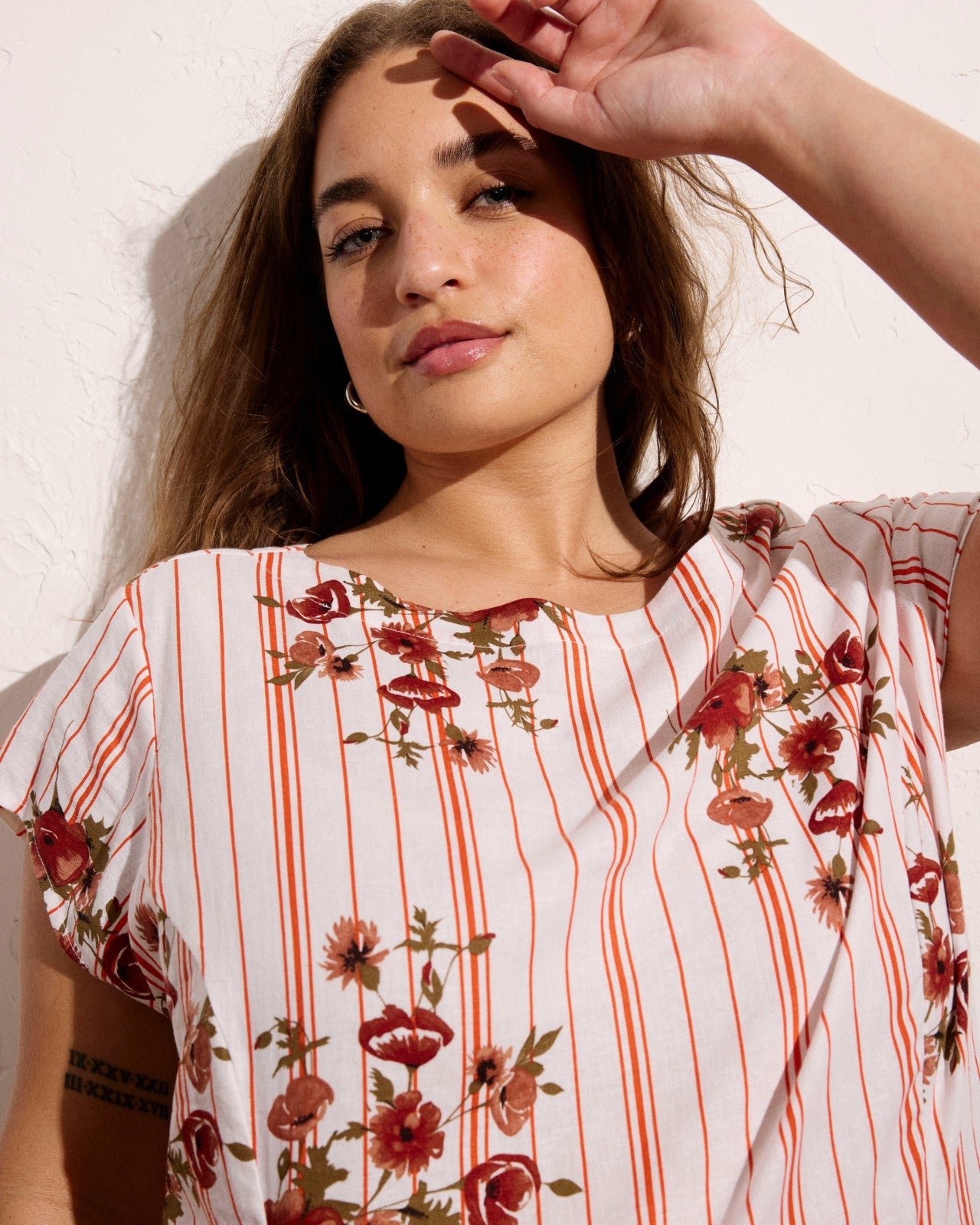 Universal Standard Sunset Linen Blend Flounce Dress - Wild Flower Bouquet Print on Stripe