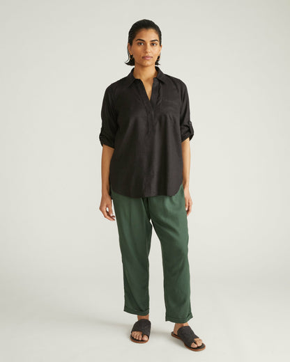 Universal Standard Button Back Linen Blend Polo Shirt - Black