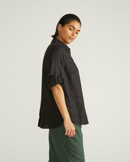 Universal Standard Button Back Linen Blend Polo Shirt - Black