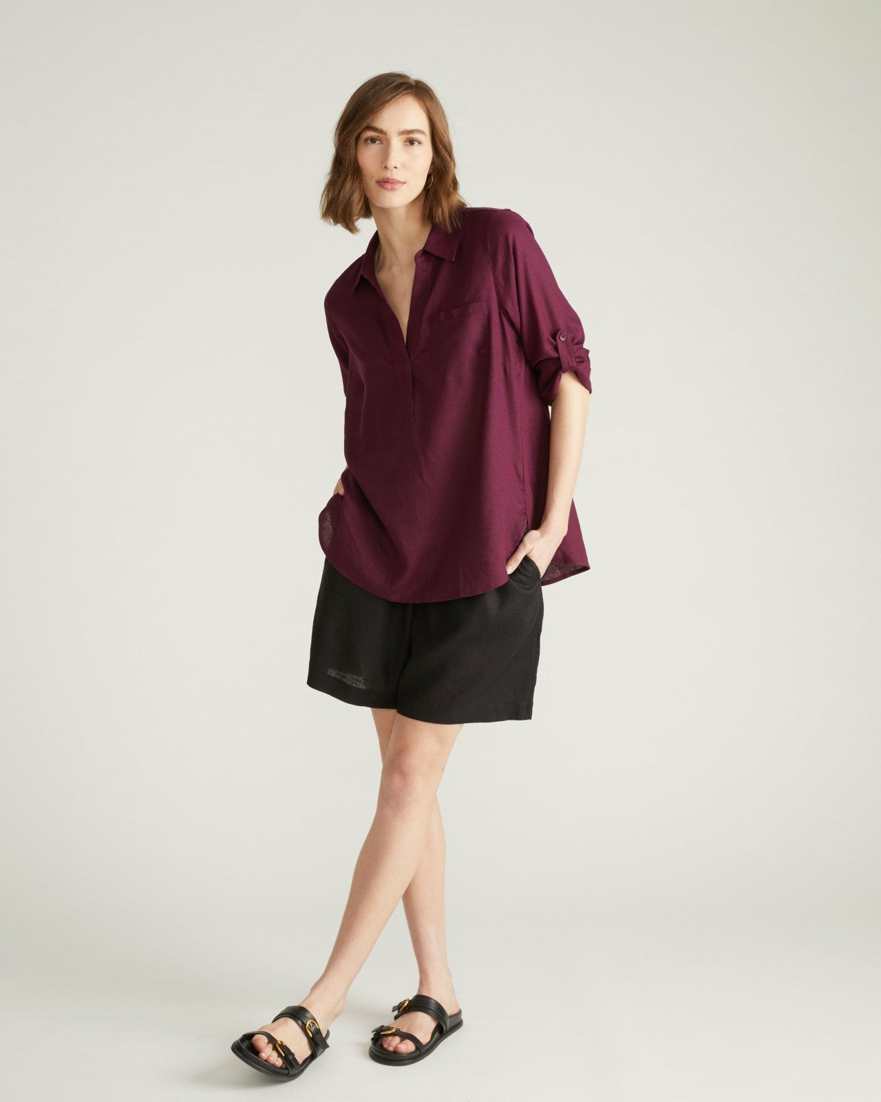 Universal Standard Button Back Linen Blend Polo Shirt - Acai