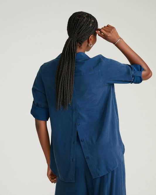 Universal Standard Button Back Stretch Cupro Polo Shirt - Pageant Blue