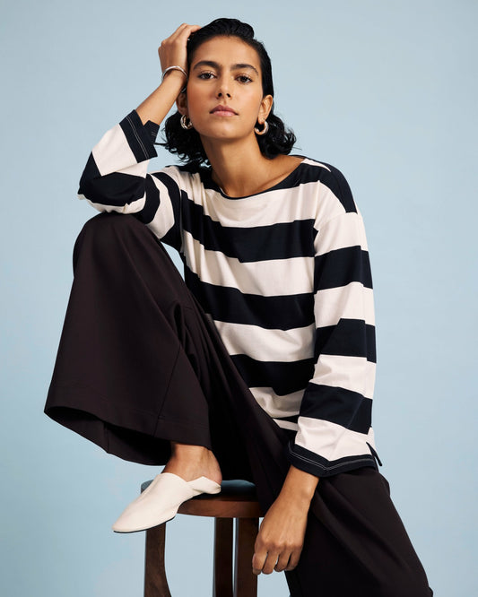Universal Standard Montauk Breton Stripe Bell Sleeve Top - Ecru/Black Rugby Stripe