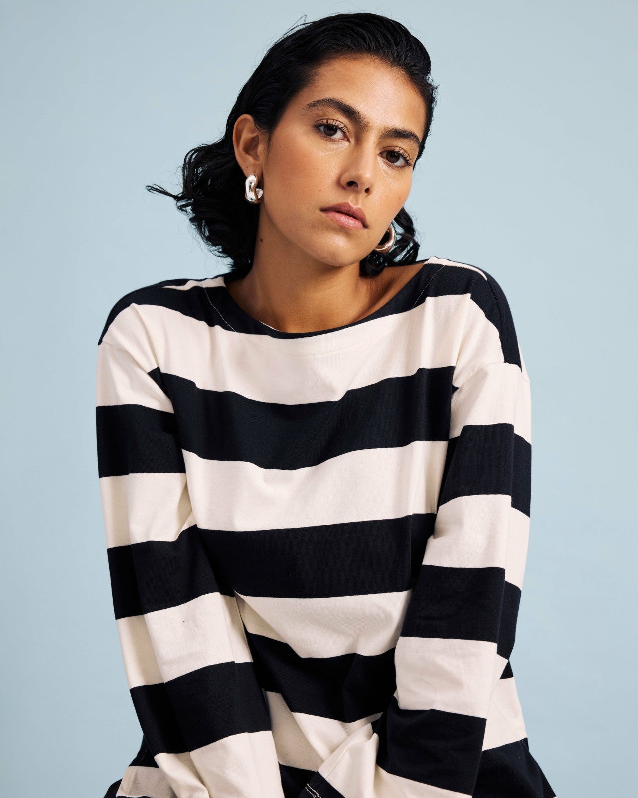 Universal Standard Montauk Breton Stripe Bell Sleeve Top - Ecru/Black Rugby Stripe